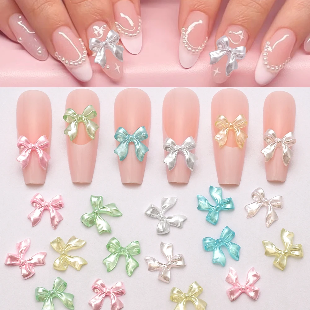 100Pcs 진주 흰색 광택 리본 활 네일 아트 매력 3D 우아한 Kawaii 수지 Bowknot 여름 네일 장식 매니큐어 Accessorie