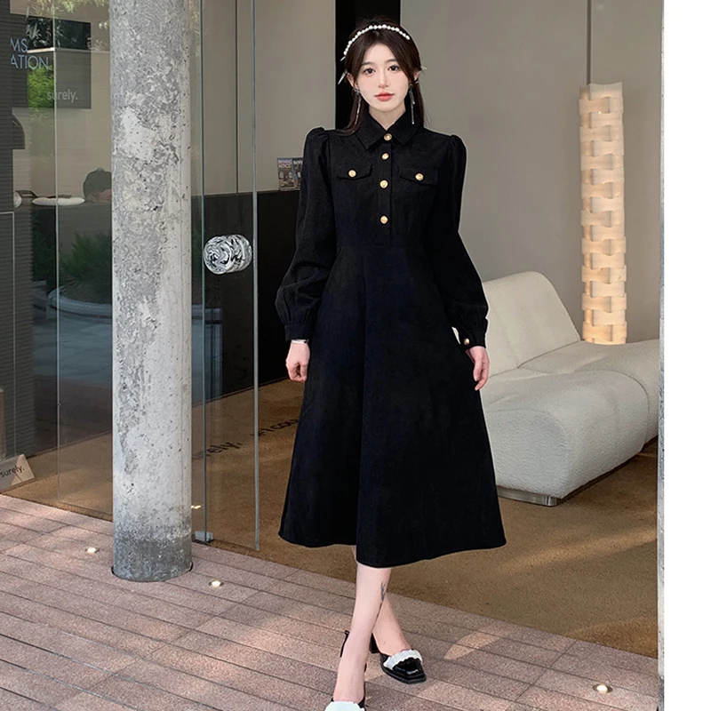 

Elegant Corduroy Long Dress For Women Large Size Autumn Winter Female Vestido A Line Long Sleeve Black Warm Single-breasted Robe