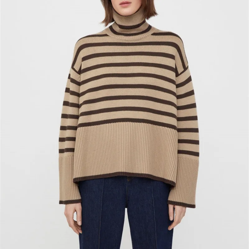 

2023 Early Autumn Women Turtleneck Sweater Pullover Hem Slit Loose Stripes Long Sleeve Warm Female Retro Jumper Tops
