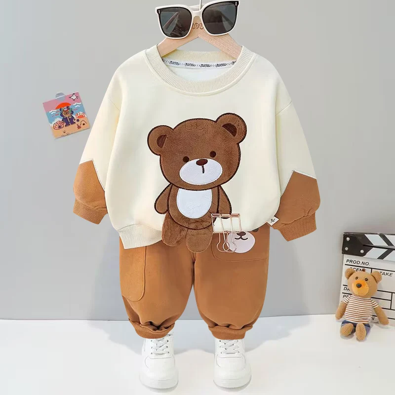 Baby boy cotton two-piece suit boy girl plus velvet warmth cartoon bear cute baby suit baby clothes cartoon t-shirt kid