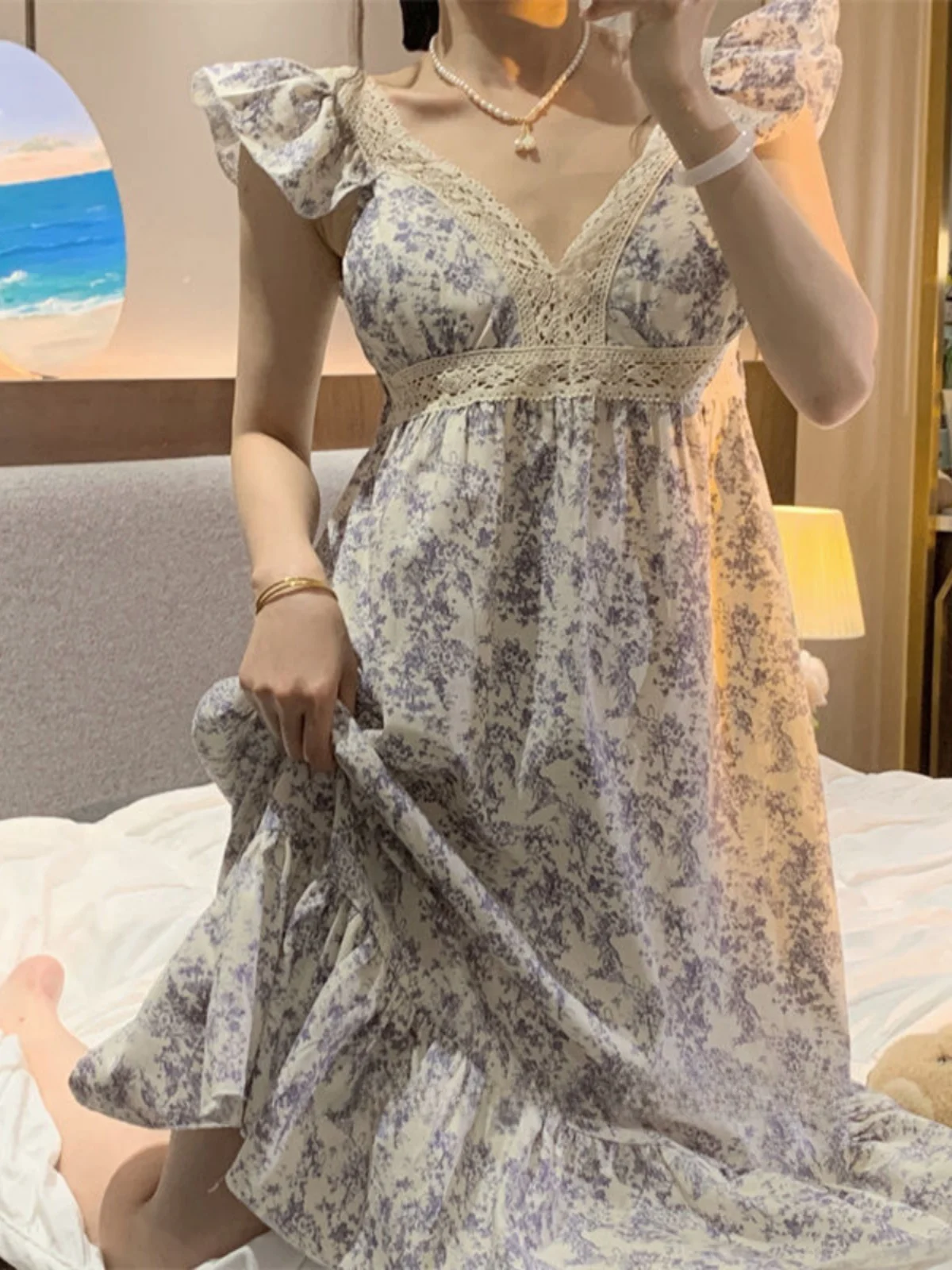 752536-d36360.jpg 2024 New Sweet Sle Women's Spwear ort Sve Loose Summer Home Clothes Outdoor Wearable with Chest Pad V-ne Print - Image 1