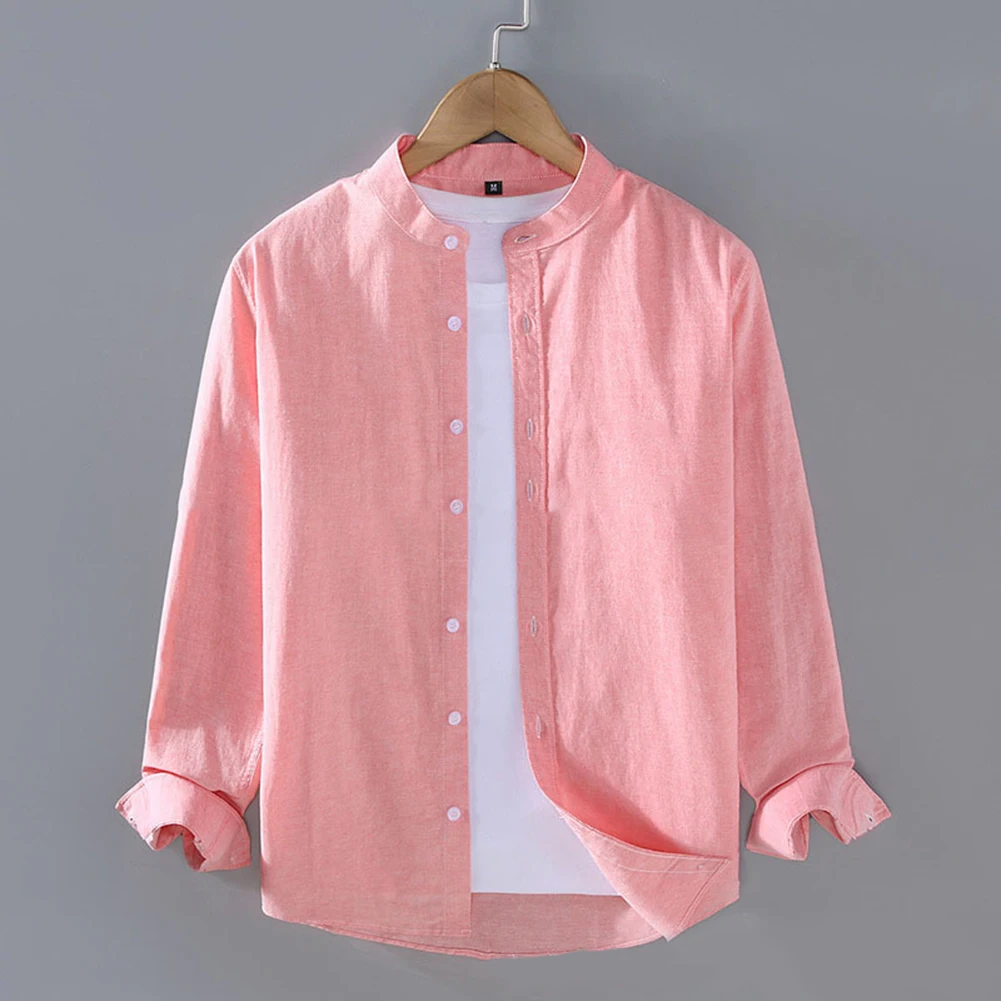 New Men's Cotton Linen Shirts Blouse Single Breasted Stand Collar Long Sleeve Solid Color Shirt Casual Male Tops