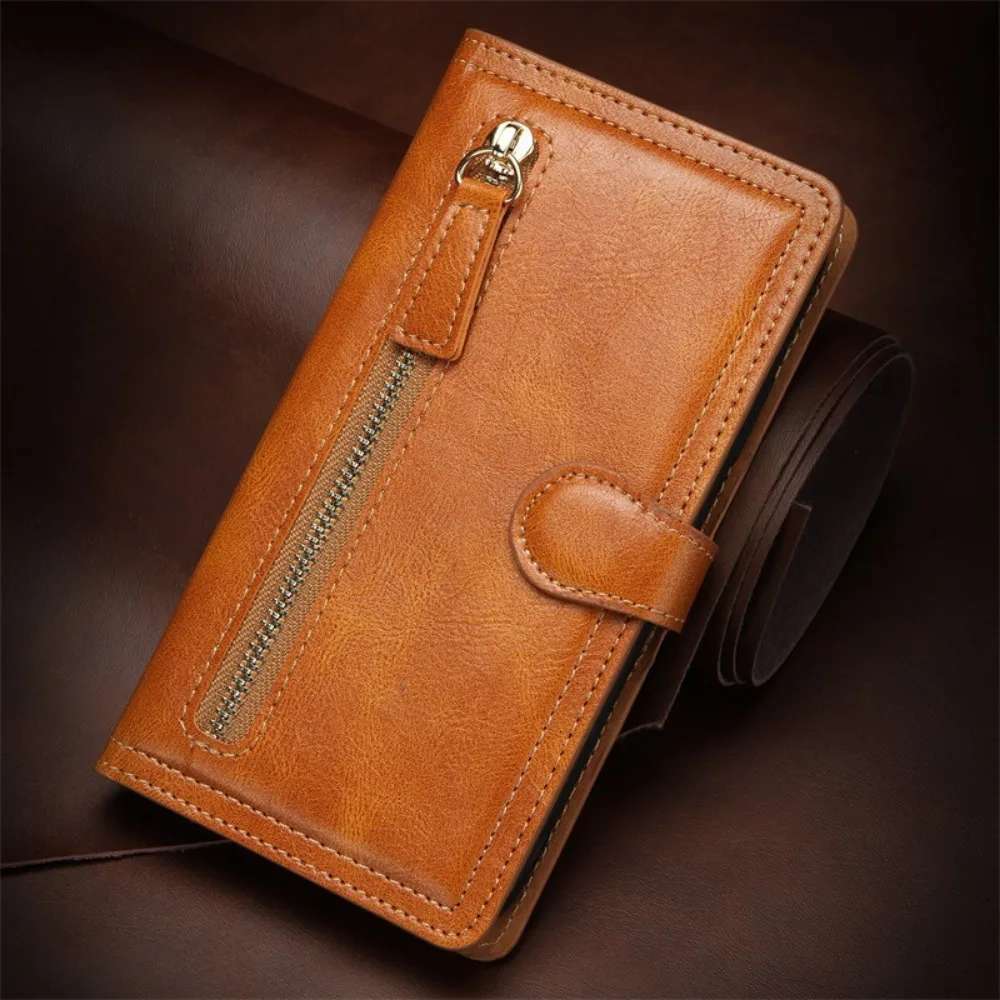 Luxury Faux Leather Flip Wallet Case with Zipper Pocket Cover