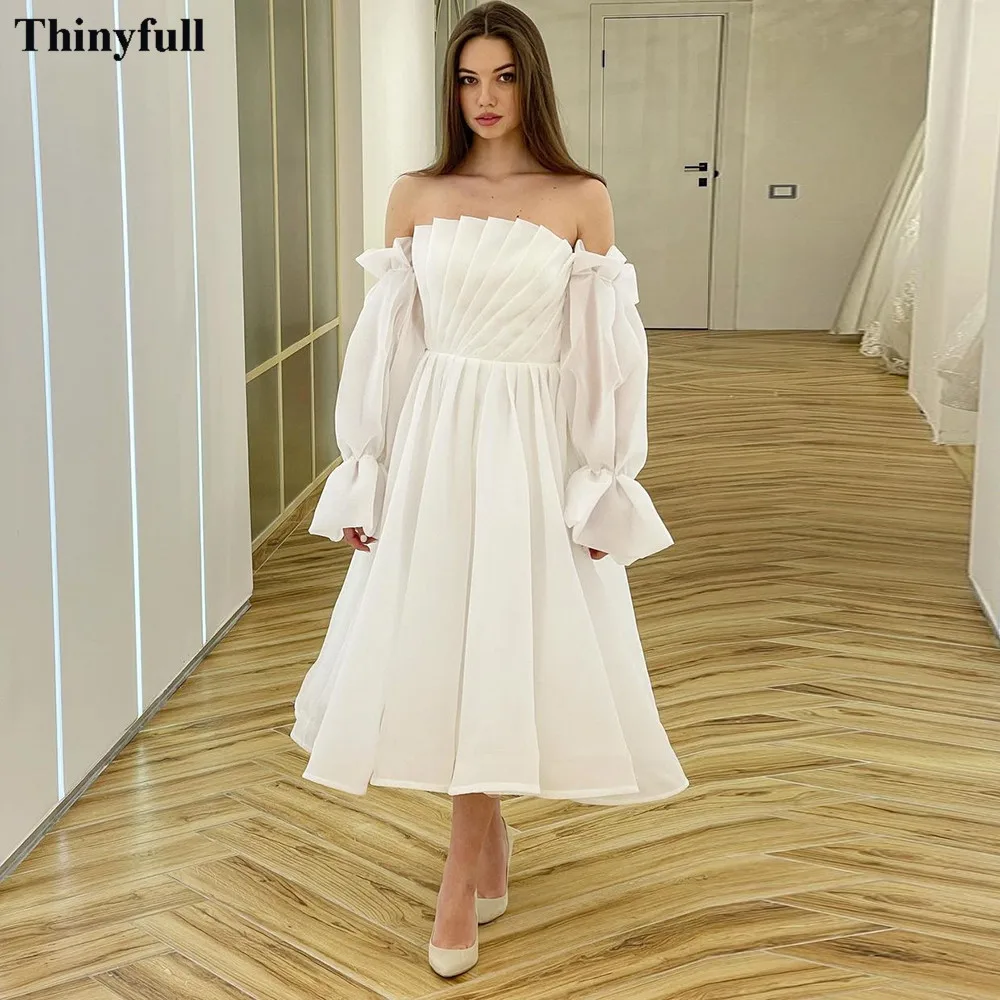 

Thinyfull Organza Midi Wedding Party Dresses Long Sleeves Pleats Princess Wedding Gowns Tea-Length Bride Bridal Party Dress 2022