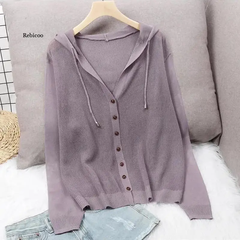 

Loose Knitted Hooded Cardigans For Women Summer Thin Long Seeve Sunscreen Shirt Single Breasted Solid Knitwear Coat Tops Female