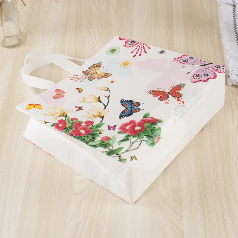 Butterfly Printing Folding Takeaway Bag Non-woven Fabric Film Coated Reusable Shopping Bag Travel Grocery Folding Bags 3