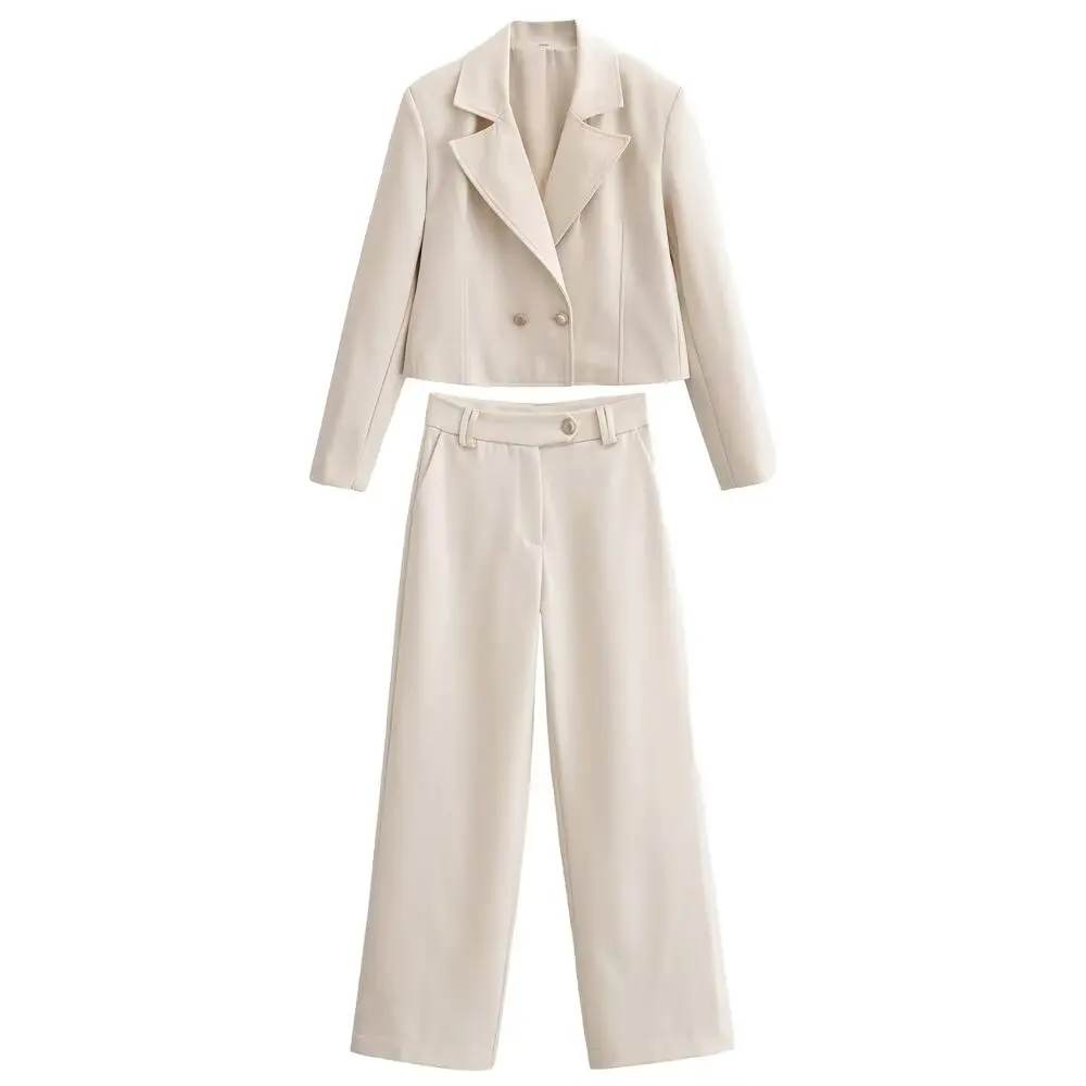 HH Damen 2-teiliges Set: Lässiger, doppelreihiger Blazer mit Revers und langen Ärmeln + Frühlingshose mit hoher Taille, Reißverschluss und geradem Bein – Detail 3