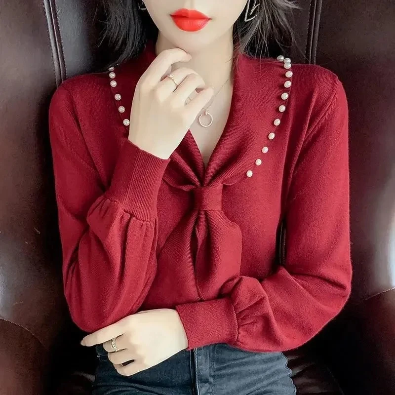 

Женская модная блузка с длинным рукавом с v-образным вырезом и бантом, свободные повседневные весенне-осенние пуловеры, новая женская одежда, топы