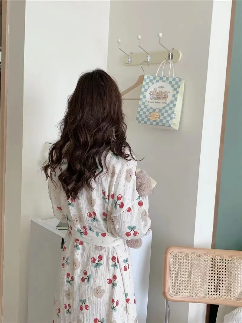 여성용 풀소매 잠옷, 체리 플라워 프린트, 귀엽고 달콤한, 긴 루즈한 목욕 가운, 용수철 가을