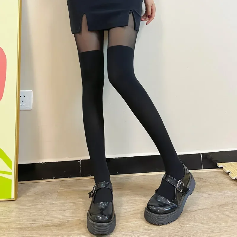 Sexy Women Tights Pantyhose Patchwork Sheer Thigh High Stockings Over Knee Stripe Pantyhose Skin Color Tights