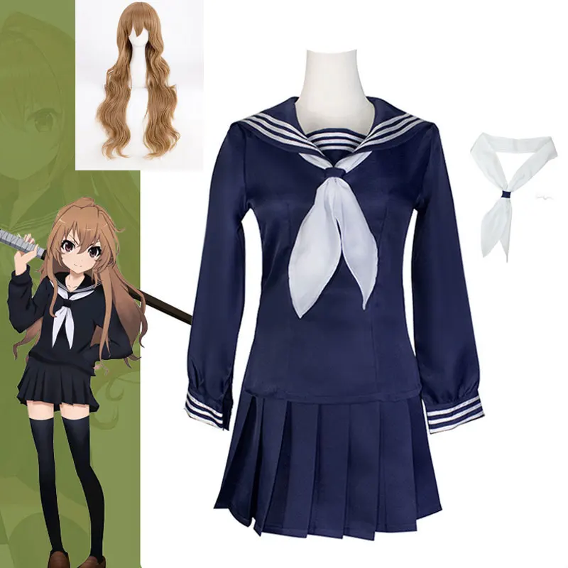 

Anime TIGER DRAGON Aisaka Taiga Cosplay Costume JK School Uniform Sailor Suit Halloween Carnival Blue Dress Wig Skirt