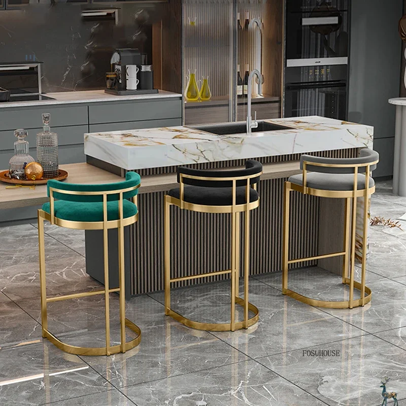 Household High Bar Chairs for Kitchen Furniture Light Luxury Flannel KTV Cafe High Bar Chair Modern Iron Backrest Stools