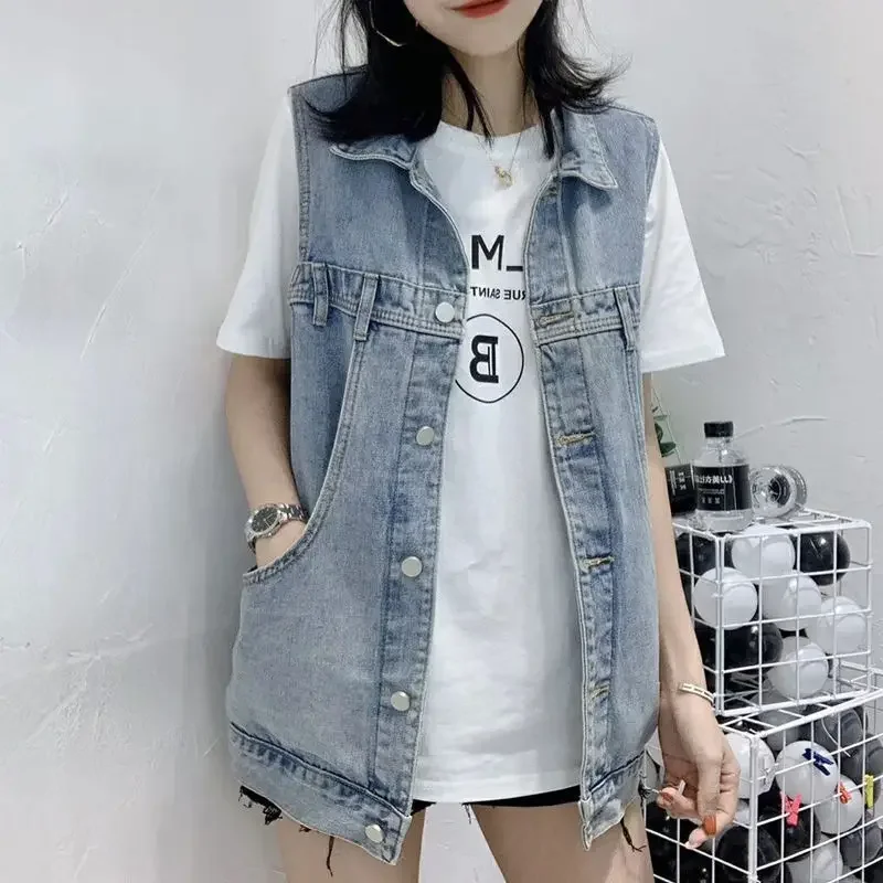 

New Spring Summer Denim Waistcoat Female Korean Version of Loose Sleeveless Vest in The Long Section Denim Waistcoat Tops Female