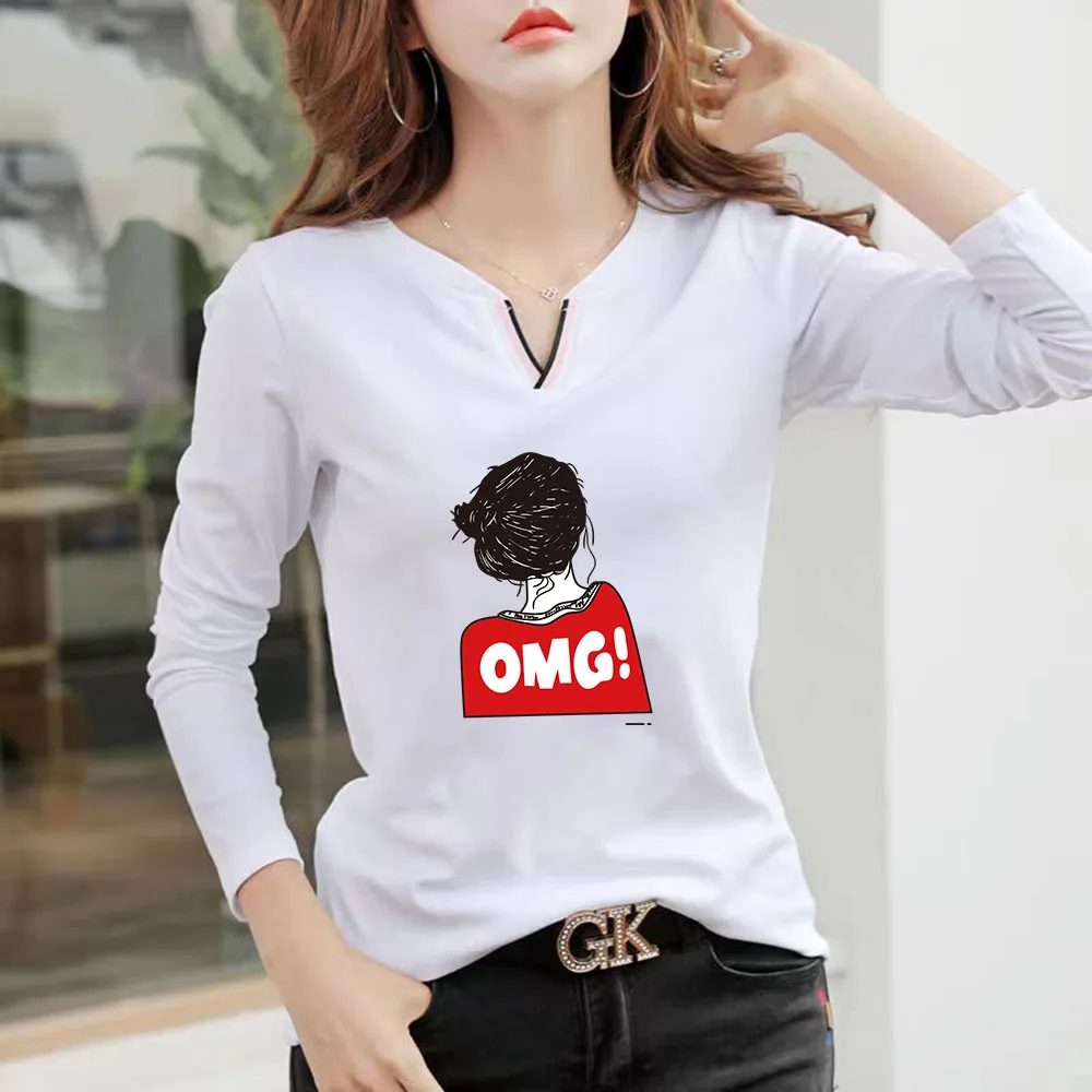 

2022 New V Neck 100% Cotton T Shirt Woman Autumn Fashion Long Sleeve Shirt Women's T-shirt Loose Korean Style Women Shirts #1021