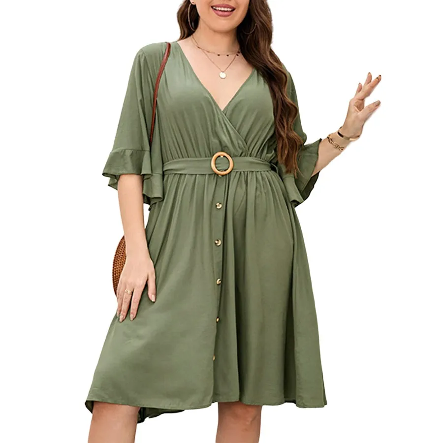 

2023 Plus Size O-Ring Tied Belt Waist Butterfly Flare Sleeve Midi Dress Button Detail Solid V-neck Wrap Dress for Women