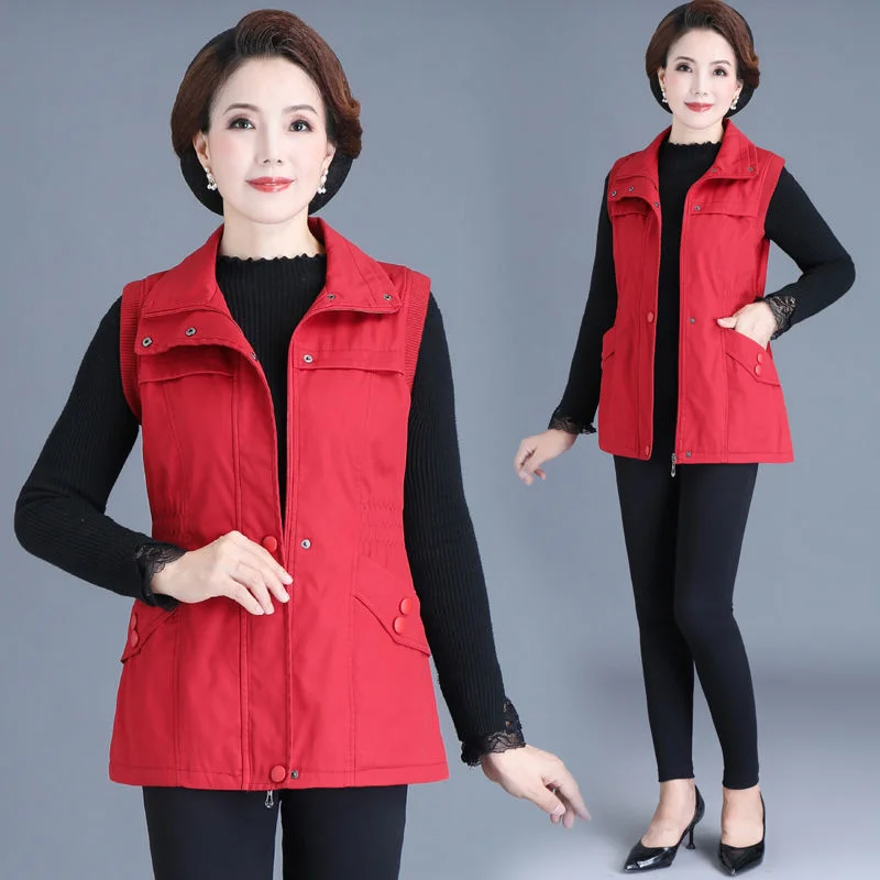 Korean Middle Aged And Elderly Women Vests Spring Autumn Mother's Clothing Pure Cotton Vest Female Cardigan Slimming Waistcoat