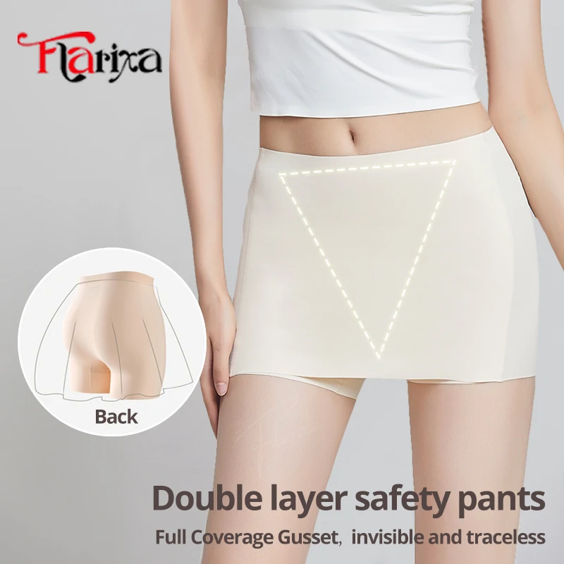 Flarixa Double Layer Safety Panties Ice Silk Anti Chafing Boxers Under Dress Modesty Shorts Underwear for Women Boyshorts