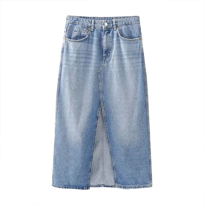 

ZATRHMBM Women 2023 Spring Fashion Straight Denim Midi Skirt Vintage Side Pockets Split High-Waisted Female Skirts Mujer