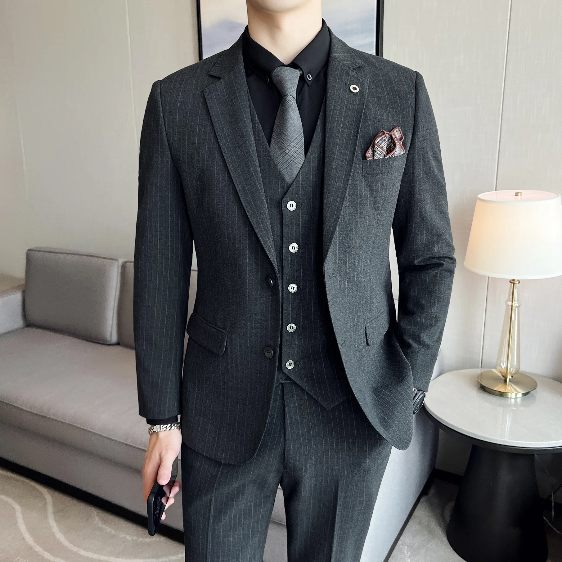 6882 Men's Double Button Striped Stretch Groom Suit