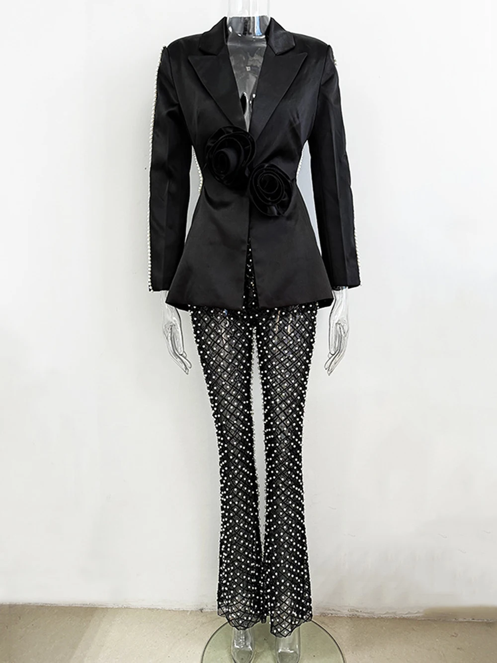 Damespak, 2-delig, elegante pailletten, broek, blazer, pak damesets, Donkerblauw, XXL