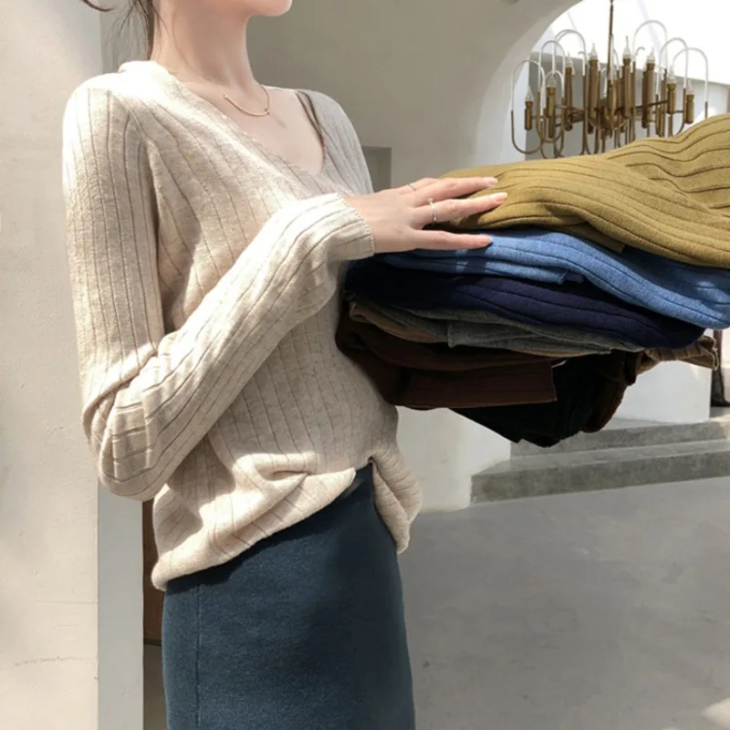 Fashion New Women's Long Sleeve V-Neck Sweater Solid Color Knitted Casual Elegant Office Pullover Shirt
