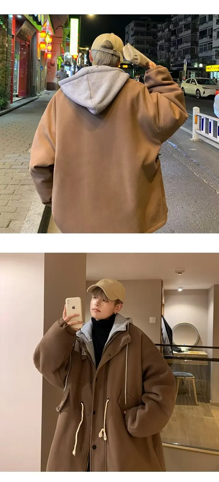 Description Picture 6 of itemFake Two Pieces Blends Men Warm Baggy Hooded American Style Outdoor Drawstring Rib Sleeve Winter Male Classic Overcoats Simple