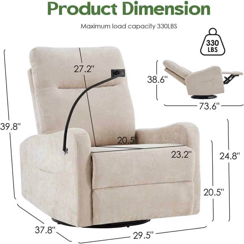 Oversized Fabric Recliner Chair with Phone Holder, Swivel Rocking Chair Reclining, with Lumbar Support, Beige Children's Sofas 3