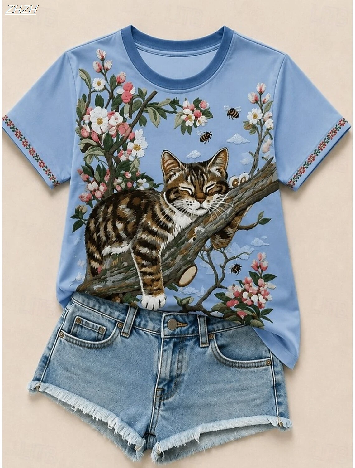 Damen-T-Shirts mit Blumendruck, Vintage-Stil, klassisch, kurzärmelig, Rundhalsausschnitt, normale Passform, lässig für den Alltag
