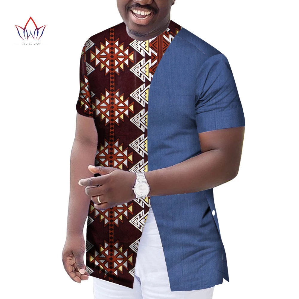

Summer African Clothes for Men Dashiki Short Sleeve Men Top Shirt 100% Cotton Print Patchwork Round Neck Top Shirt bazin WYN1274