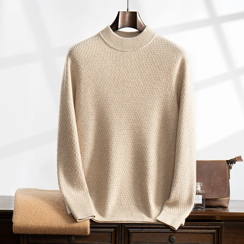 New (100% cashmere sweater) seven needle thick men's casual corn kernels versatile temperament semi high neck sweater 3