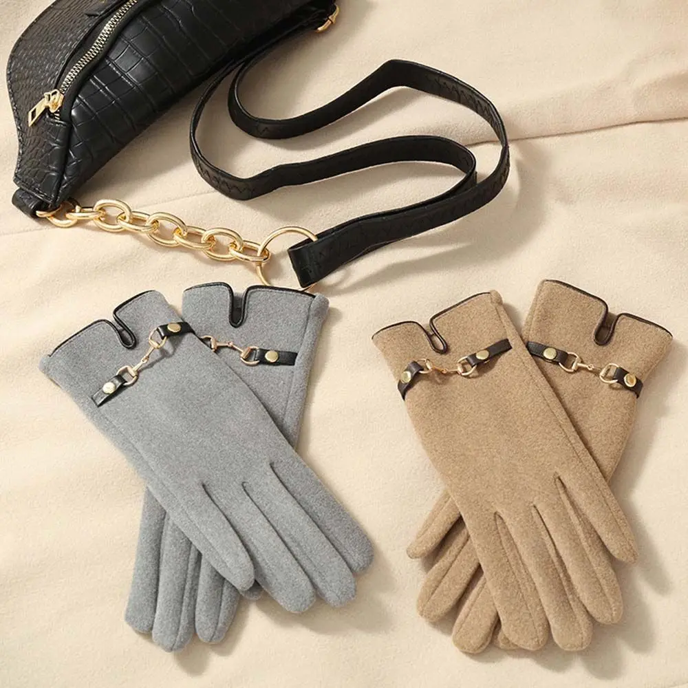 

Breathable Soft Elastic Pure Color Chain Five Fingers German Velvet Mittens Female Gloves Driving Gloves Touch Screen Gloves