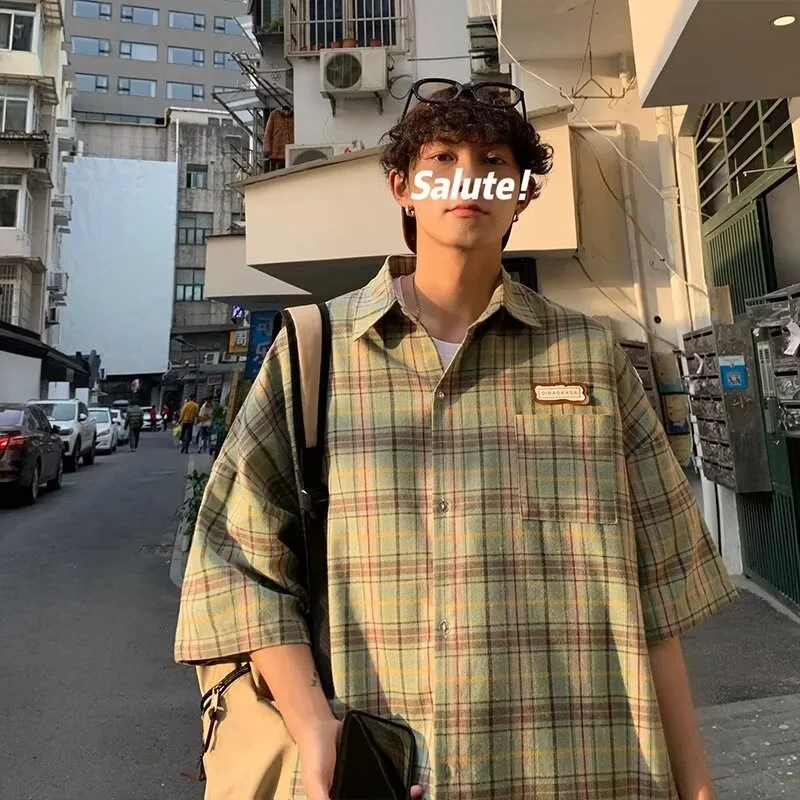 Summer Y2K Vintage Short Sleeve Shirt For Men Loose Appliques Polos Lapel Plaid Tee Shirts Pocket Blouse casual short sleeved shirt short sleeved shirt