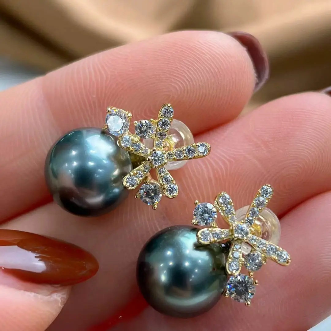 

Charming 10-11mm Tahitian Round Black Green Pearl Earring925s