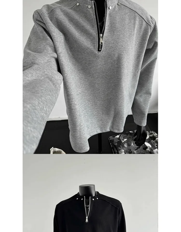 Men's Sweatshirt 2026 Spring Autumn Black Half Zip Shoulder Pad Sweatshirt Studded Regular Shoulder Edgy Cropped Sweater