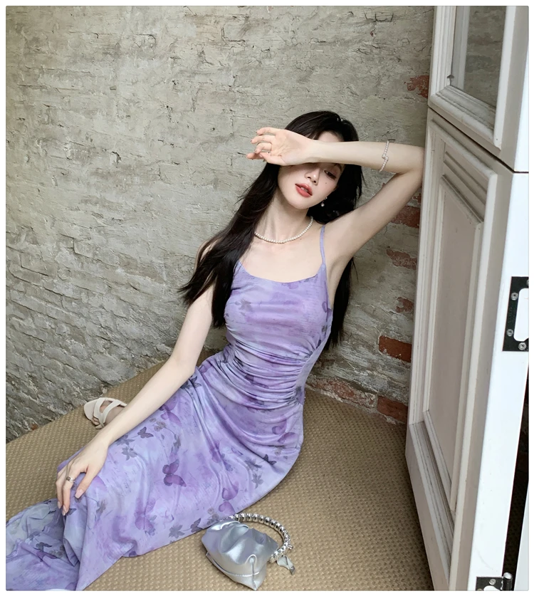 Sexy Printed Long Dresses for Women Mesh Spaghetti Strap Slim A-line Party Dress Summer Korean Fashion One Piece Vestido Mujer