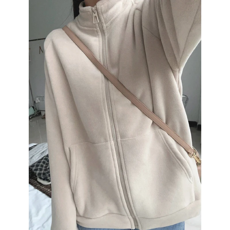 

Women's Polar Fleece Stand Collar Cardigans Korean Style Solid Color Raglan Sleeve Casual All-Matched Loose Thick Outerwear