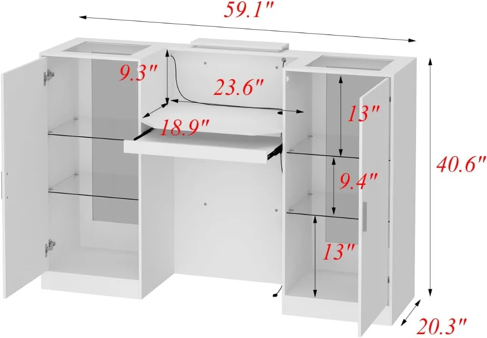 59.1 Inch LED Reception Desk with Glass Display Shelf, Cable Grommet & Storage - White