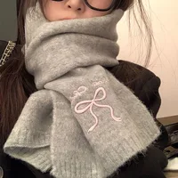 Japanese Cute Bow Scarf Winter Women's New Atmosphere Cold and Warm Neck Protection Knitted Scarf Embroidery