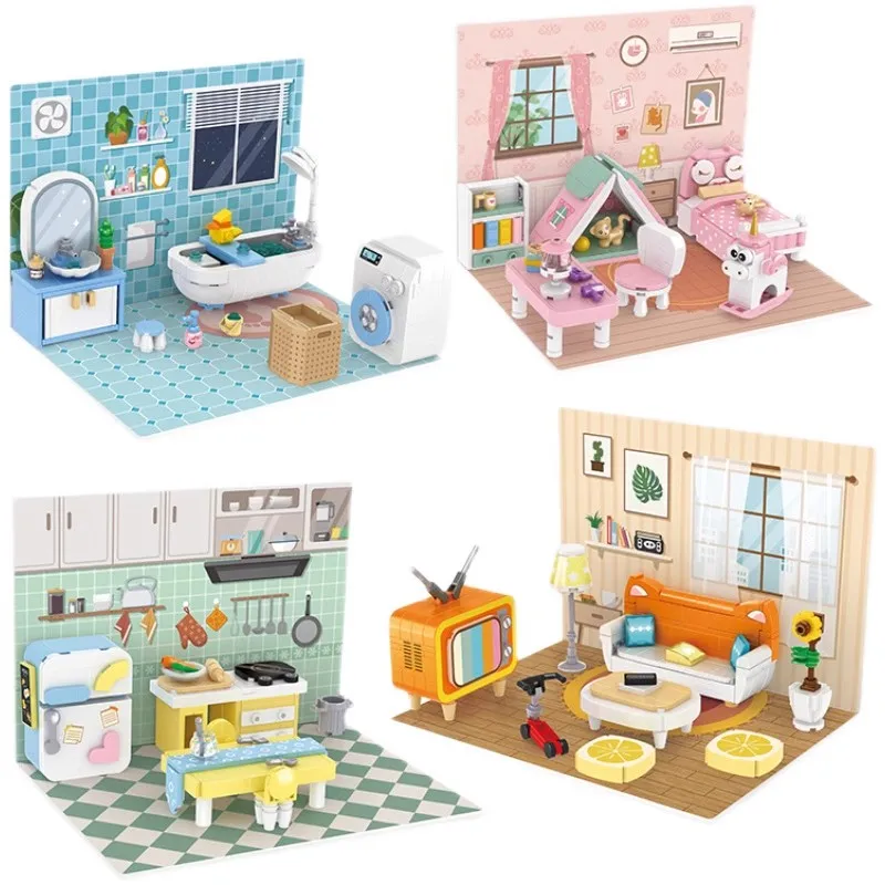 

Mini House Furniture Building Blocks Toys for Children Gifts MOC Blocks Bedroom Living Room Furniture Model Juguetes DIY Bricks