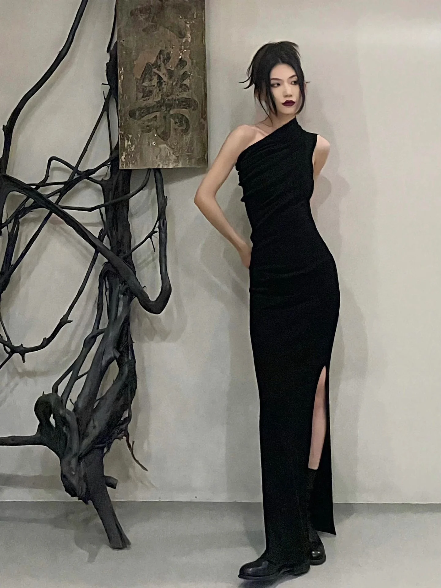 

Women Maxi Dress Diagonal Collar Slim Knitted Casual Robe