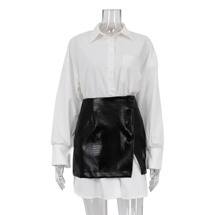 White Shirt Leather Skirt Sets Women Fashion Loose Long Sleeve Patchwork High Wasit Solid Office Lady Style Summer New