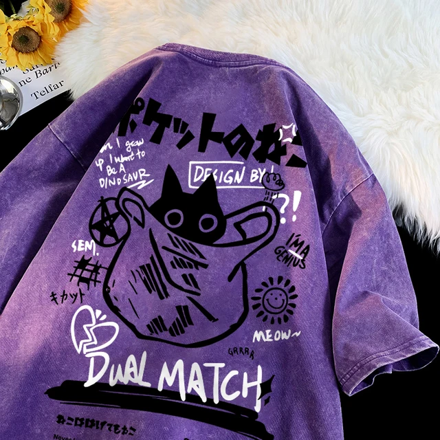 Femmes dessin animé T-Shirts Vintage été Harajuku Kawaii chat imprimé à manches courtes T-Shirts Couple Streetwear vêtements amples couverture en coton 1
