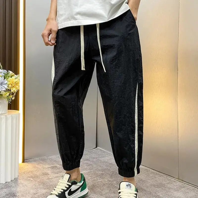2024 Summer Men's Thin Quick Drying Striped Spliced Outdoor Sports Casual All-match Loose Drawstring Elastic Waist Harlan Pants
