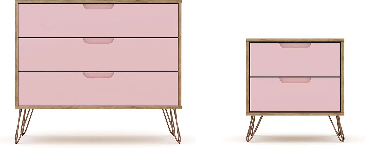 Rockefeller Mid-Century Modern 3 Drawer Bedroom Dresser with Nightstand Set of 2 Nature/Rose Pink Easy home assembly