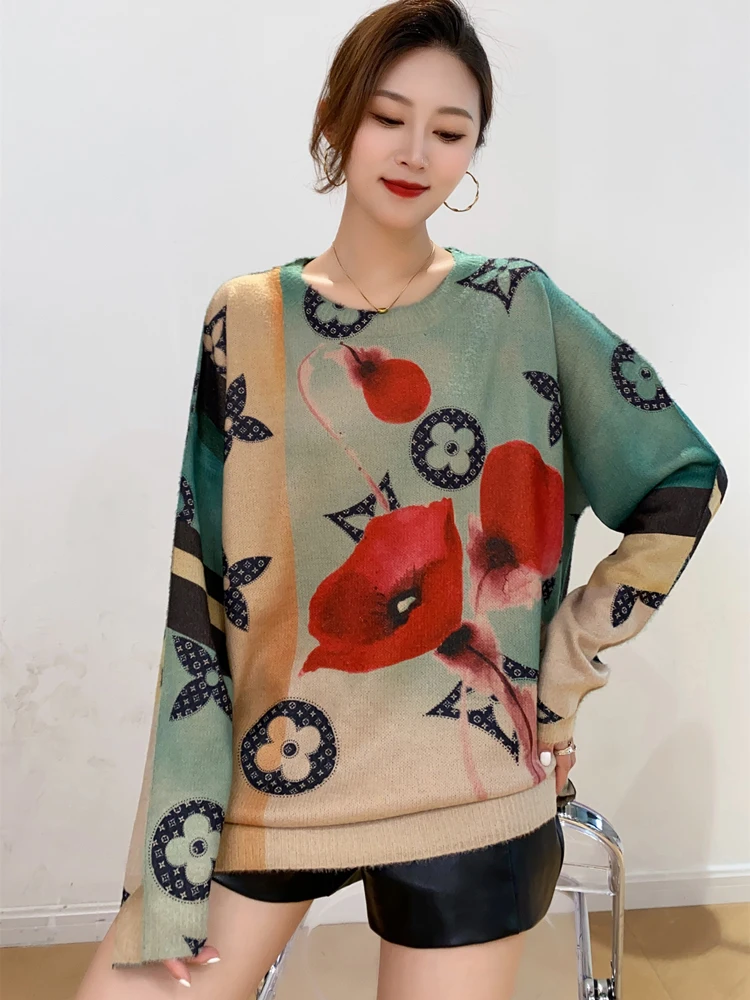 

NYFS 2023 Autumn New Korea Print Women Sweater Loose O-Neck Mink Velvet Long Sleeve Pullover Knitting Tops