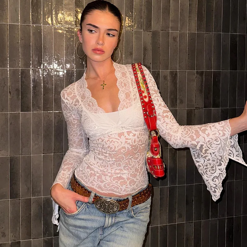 

Women Crop Tops Long Sleeve Deep Vneck Lace See Through Solid Casual T-Shirt Summer Sexy Spicy Girl Party Top Fashion Streetwear