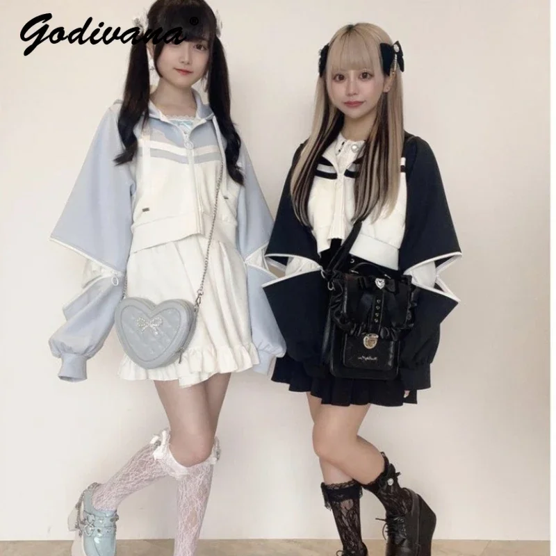 

Japanese Style Spring and Autumn Mine Hooded Zipper Slit Sleeves Color Matching Hooded Short Coat Hoodies Student School Uniform