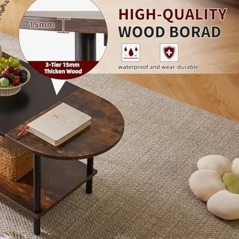 Mid Century Modern Coffee Table, Rustic Coffee Table Unique Color Contrast Design, 2-Tier Center TV Table 35x16x17in Rustic 6