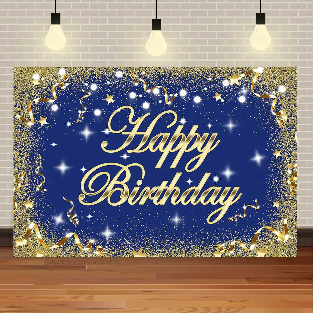 NeoBack Adult Birthday Golden Glitter Blue Star Diamond Party Bling Bling Balloon Banner Photo Backdrop Photography Background
