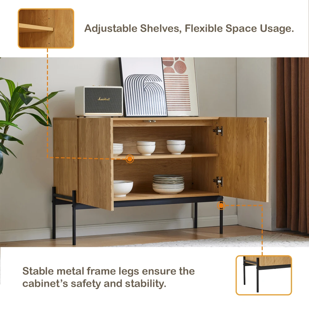 PINGGO Sideboard mit 2 Türen, Metallbeinen, Buffet-Kommode, Liniendesign, Maße H75cm B100cm T40cm, Wohnzimmer-Aufbewahrungsmöbel – Detail 3